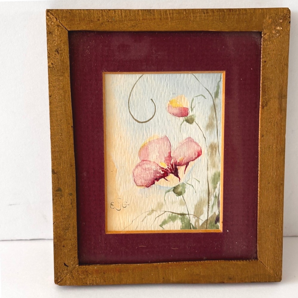 Vintage‎ Signed Miniature Floral Watercolor Painting Frame Pink Flowers
